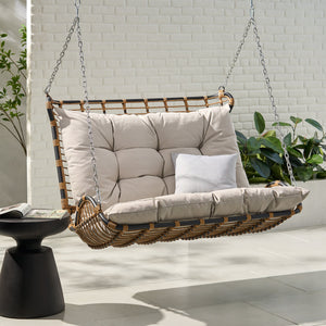 English Elm Christopher Knight Home® - ARRUDA Wicker Porch Swing with Water-Resistant Cushions, Iron Frame, Boho Outdoor Hanging Seat, 800 lb Capacity Brown+Beige 70653.00BGE