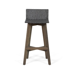 English Elm Christopher Knight Home® - LA La Brea Acacia Wood & Wicker Barstool Set of 2 — Outdoor Faux Rattan Seats with Iron X-Stretcher Frame Grey 65431.00GRY