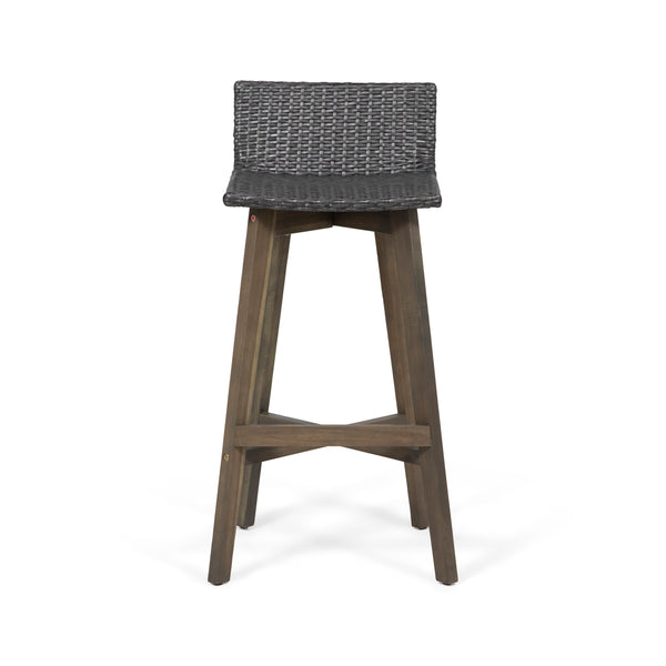 English Elm Christopher Knight Home® - LA La Brea Acacia Wood & Wicker Barstool Set of 2 — Outdoor Faux Rattan Seats with Iron X-Stretcher Frame Grey 65431.00GRY