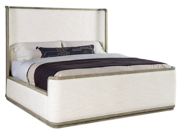 Hooker Furniture Linville Merino Pearl Upholstered Shelter Bed With Mink Wood Trim — Modern Sleigh Design, Durable Comfort 87.00 L x 82.75W x 65.25H 6150-90466-85