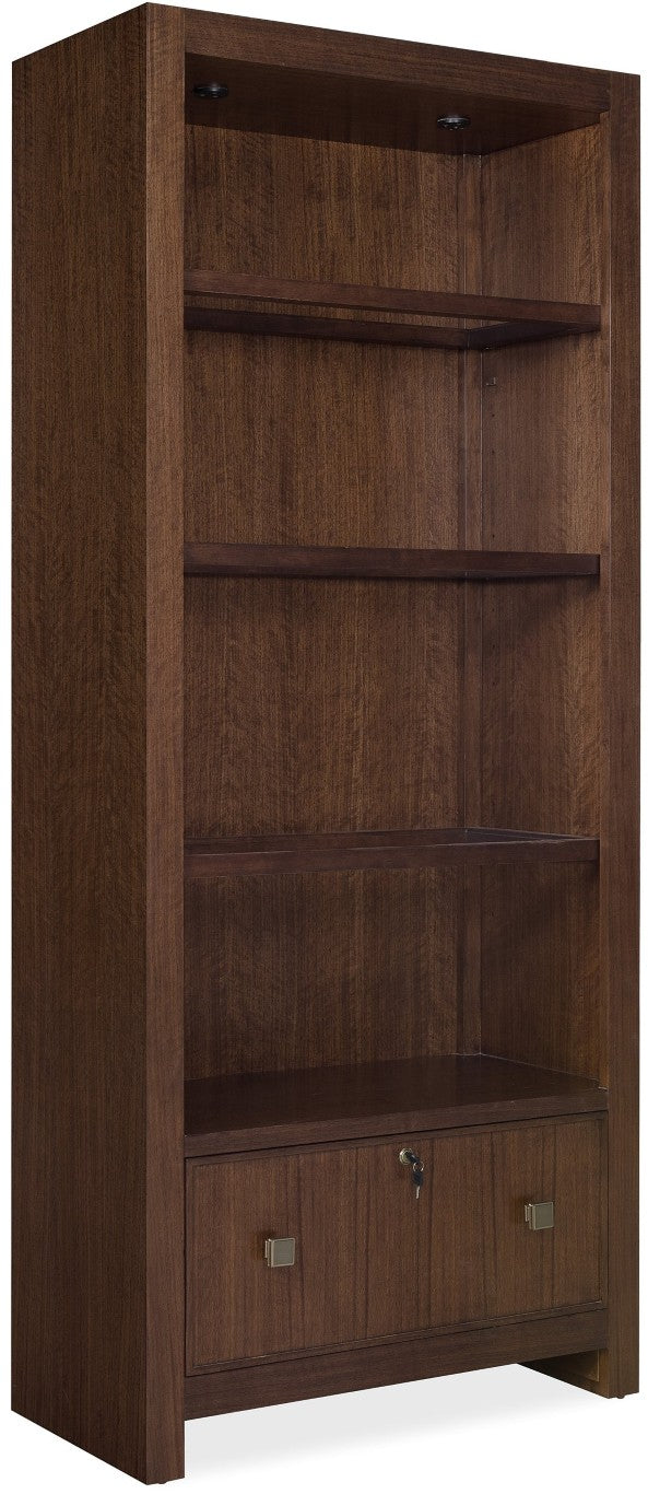 Hooker Furniture Archives Bookcase In Classic Walnut With Glass Shelves, Locking File Drawer & Satin Brass Hardware—Elegant 84" Tall Showcase For Office Or Home Collection 6123-10445-89