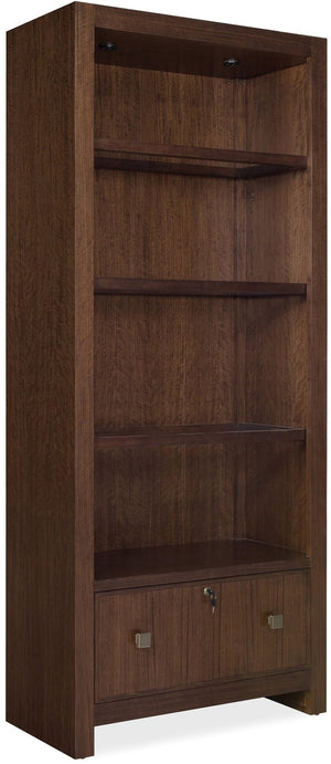 Hooker Furniture Archives Bookcase In Classic Walnut With Glass Shelves, Locking File Drawer & Satin Brass Hardware—Elegant 84" Tall Showcase For Office Or Home Collection 6123-10445-89
