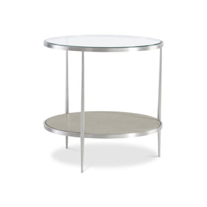 Bernhardt Bernhardt Cornelia Round Side Table With Brushed Stainless Frame, Tempered Glass Top & Wood Shelf - Nebbia Finish 331125