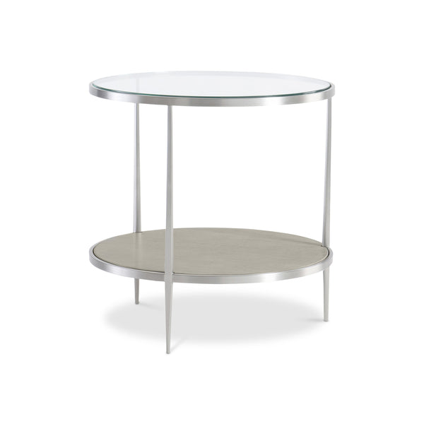 Bernhardt Bernhardt Cornelia Round Side Table With Brushed Stainless Frame, Tempered Glass Top & Wood Shelf - Nebbia Finish 331125