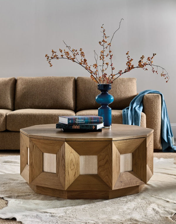 Hooker Furniture Commerce Decagon Cocktail Table With Marble Insets, Oak Finish & Plinth Base For Modern Luxe Rooms 7228-80237-80