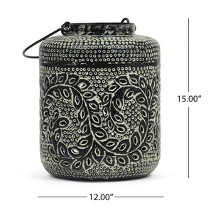 English Elm Christopher Knight Home® - LANTERN Large Indian Iron Decorative Lantern with Green Patina & Leaf Design, Handcrafted Distressed Elegance 69373.00