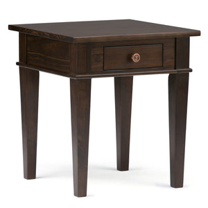 English Elm Carlton End Table – Handcrafted Dark Tobacco Brown With Drawer, Tapered Legs & Versatile Design B136P158133