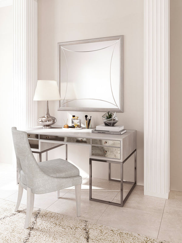 A.R.T. Furniture Mezzanine Writing Desk In Dove Gray - Chic Antique Mirror & Metal Base With 5 Storage Drawers Light Gray Parawood And Poplar Solids,Maple Veneer,Mirror,Steel 325421-2249