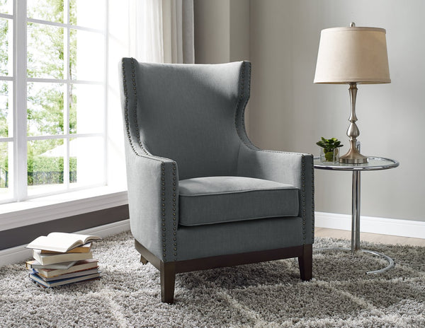English Elm Steve Silver - Roswell Linen Wingback Chair in Dark Gray — Solid Oak Legs, Scalloped Wingback, Brass Nailhead Trim B081P157150