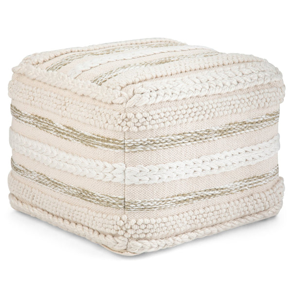 English Elm Sommer Handcrafted Square Pouf Natural Fabric Woven Texture, Supportive Polystyrene Fill, Multiuse Seat Beige B136P159327