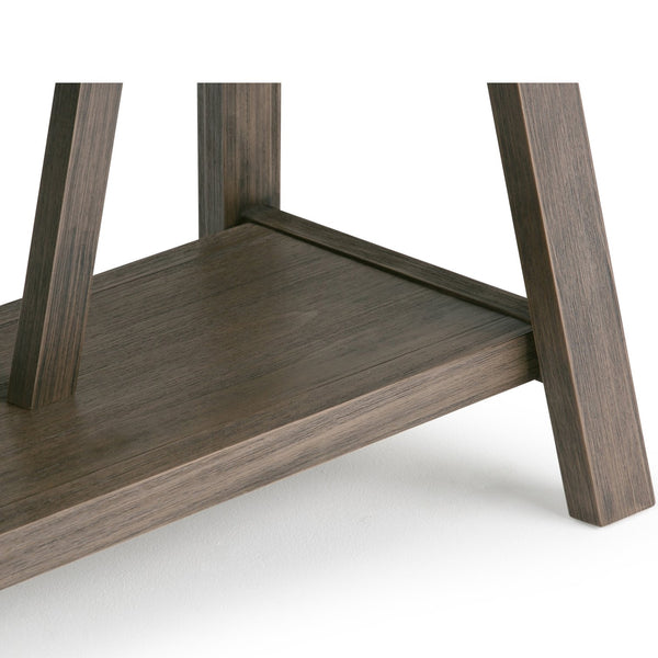 English Elm Dylan Driftwood Entryway Bench — Handcrafted Solid Wood, Trestle Support, 2-Seat, Shelf, Modern Industrial Design B136P158142