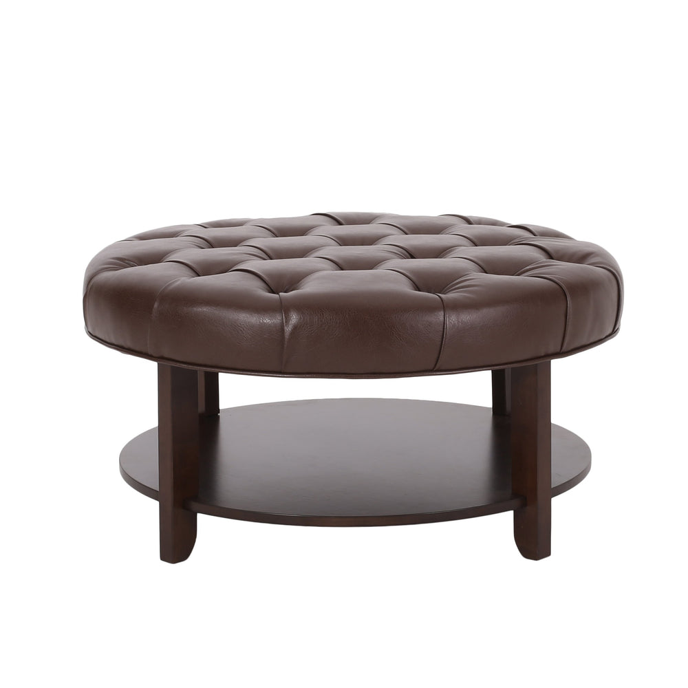 English Elm Round Tufted Pu Leather Ottoman with Open Shelf Storage for Living Room Dark Brown 71589.00DBRN