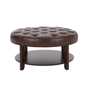 English Elm Round Tufted Pu Leather Ottoman with Open Shelf Storage for Living Room Dark Brown 71589.00DBRN