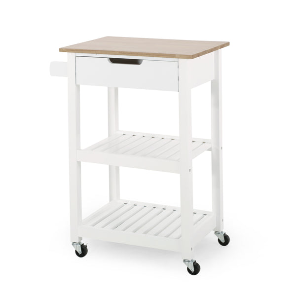 English Elm Christopher Knight Home® - Rolling Kitchen Island with Drawer & Cabinet on Locking Casters, Rubberwood Top, Compact White Design 67753.00NATWHT