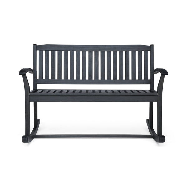 English Elm Christopher Knight Home® - Patio Acacia Wood Rocking Loveseat with Armrests — Handcrafted 2-Person Porch Bench, Slatted Comfort DARK GREY 62267.00DGRY
