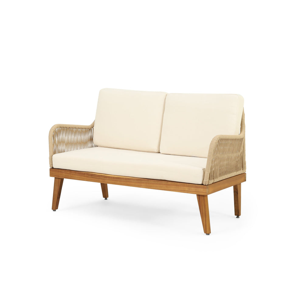 English Elm Christopher Knight Home® - Outdoor Teak Acacia 4-Piece Chat Set with Rope Weave, Water-Resistant Cushions, Loveseat & 2 Chairs 73424.00LBGE