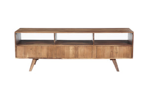 Porter Designs Porter Fusion Solid Sheesham Wood Tv Stand With 3 Drawers & Open Storage, Mid-century Modern Design Light Brown Wood 06-117-03-6733n