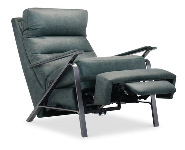 Hooker Furniture Elixir Semi-Aniline Leather Power Recliner With Usb, Channeled Back & Gunmetal Frame For Modern Rooms Blue RC425-PH-039