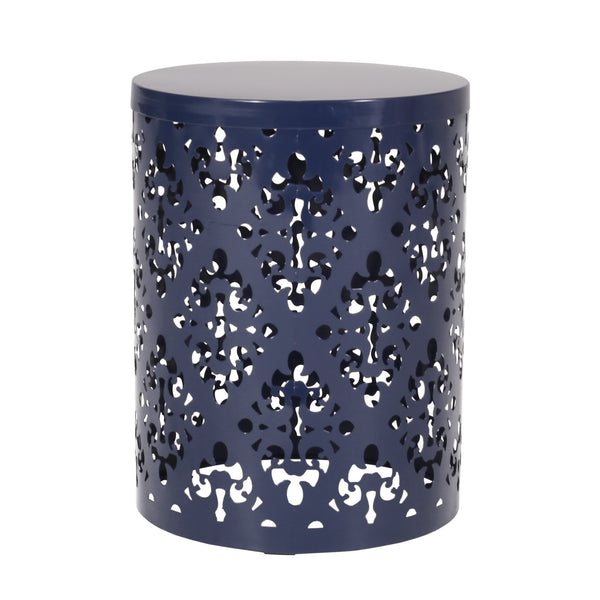 English Elm Outdoor Iron Accent Table Laser Cut Floral Cylinder Design for Patio or Balcony Navy Blue 73605.00NBLU