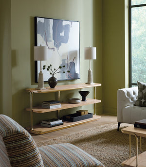 Hooker Furniture Banyon Desert Oak Console Table With Brushed Brass Stainless Steel Legs, Rounded Corners & Shelf 6081-85001-82