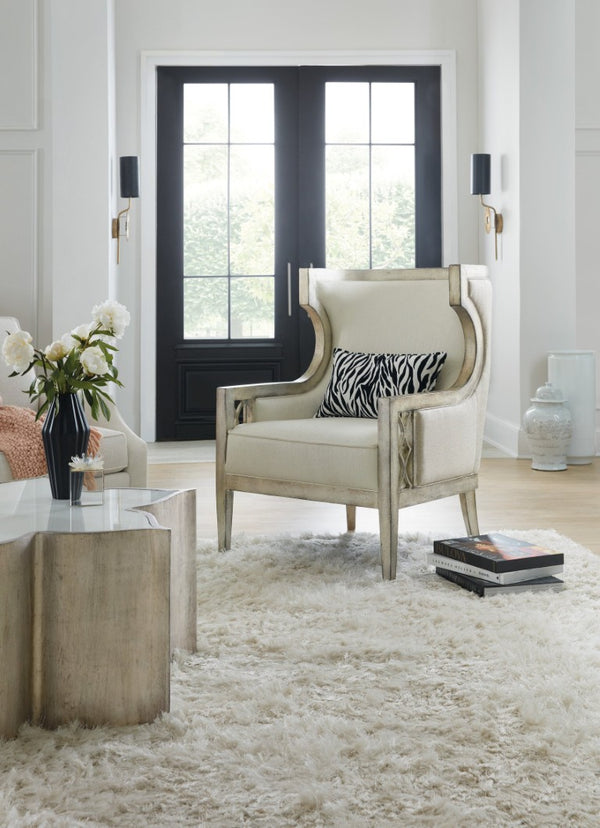 Hooker Furniture Sanctuary Debutant Wing Chair With Metallic Jewel Frame, Mixed Performance Fabrics & Zebra Pillow — Luxe Statement Piece 5875-52005-95