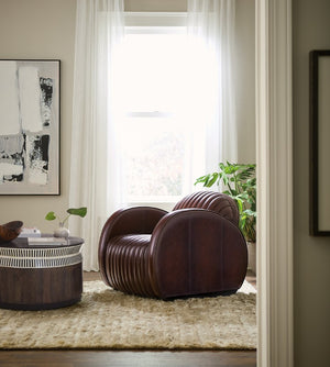 Hooker Furniture Banks Vortex Leather Chair With Channeled Cushioning, Rounded Track Arms & Dark Wood Sled Base, Luxe Art Deco Flair CC801-088