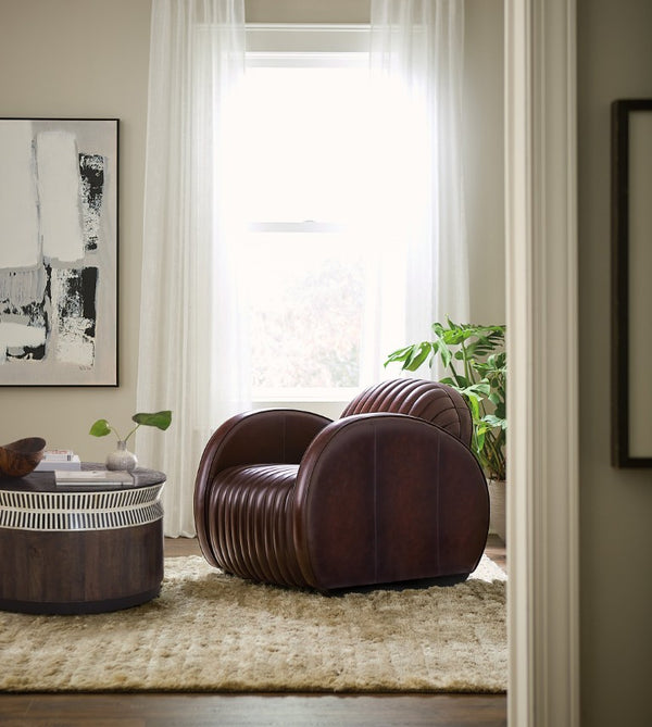 Hooker Furniture Banks Vortex Leather Chair With Channeled Cushioning, Rounded Track Arms & Dark Wood Sled Base, Luxe Art Deco Flair CC801-088