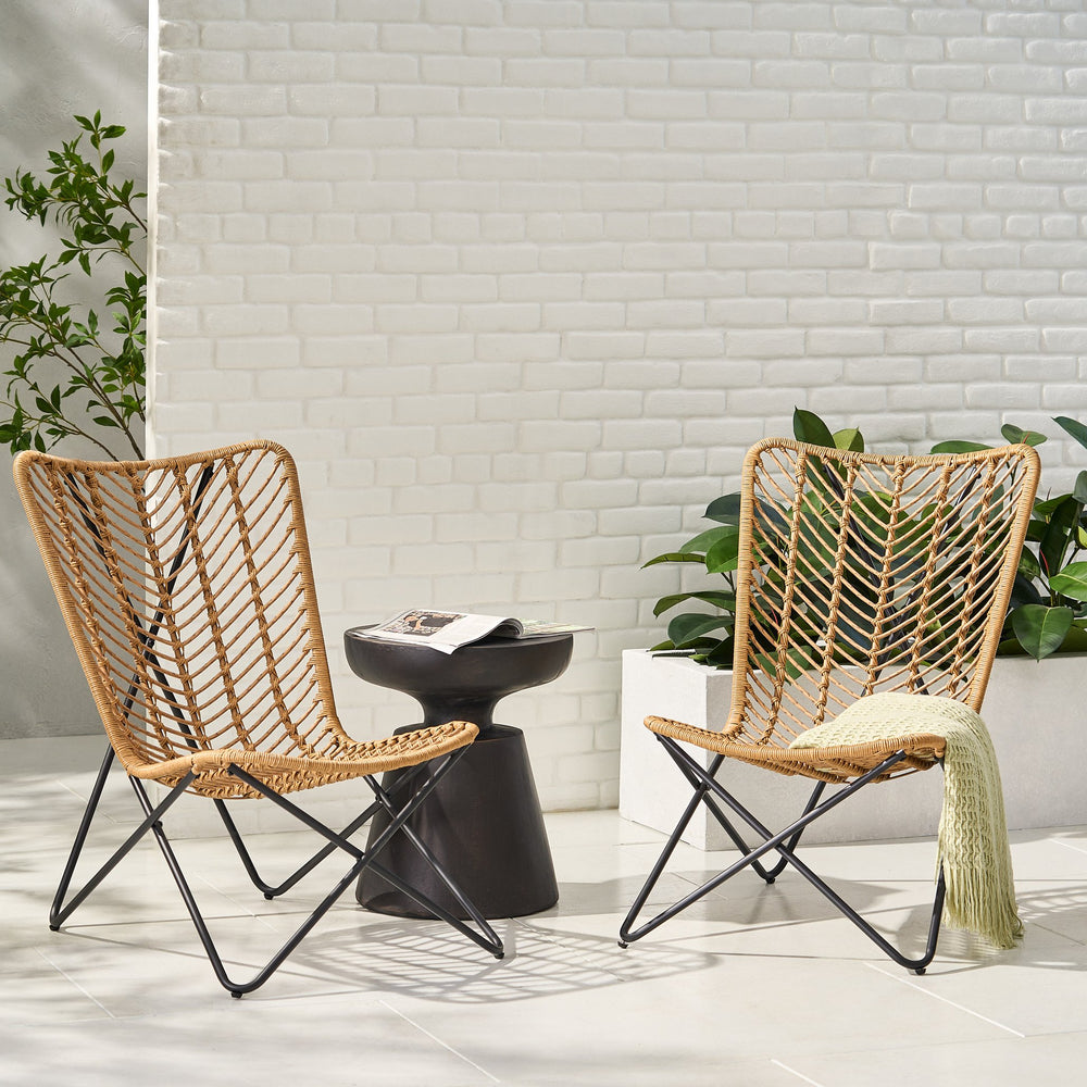 English Elm Gatlin Woven Wicker Outdoor Accent Chair Set Bohemian Curved Shell with Geometric Base 70650.00LBRN