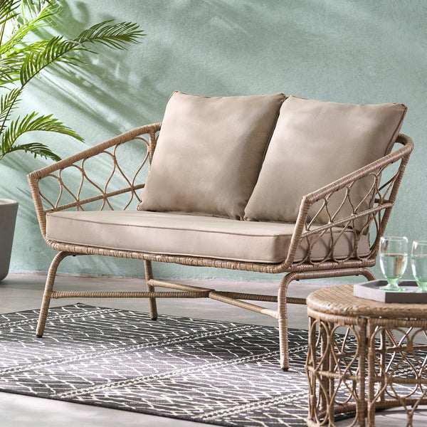 English Elm Christopher Knight Home® - BRUCE Boho Loveseat in Brown PE Rattan with Water-Resistant Cushions, Iron Frame, 600 lb Capacity 70416.00LBRN