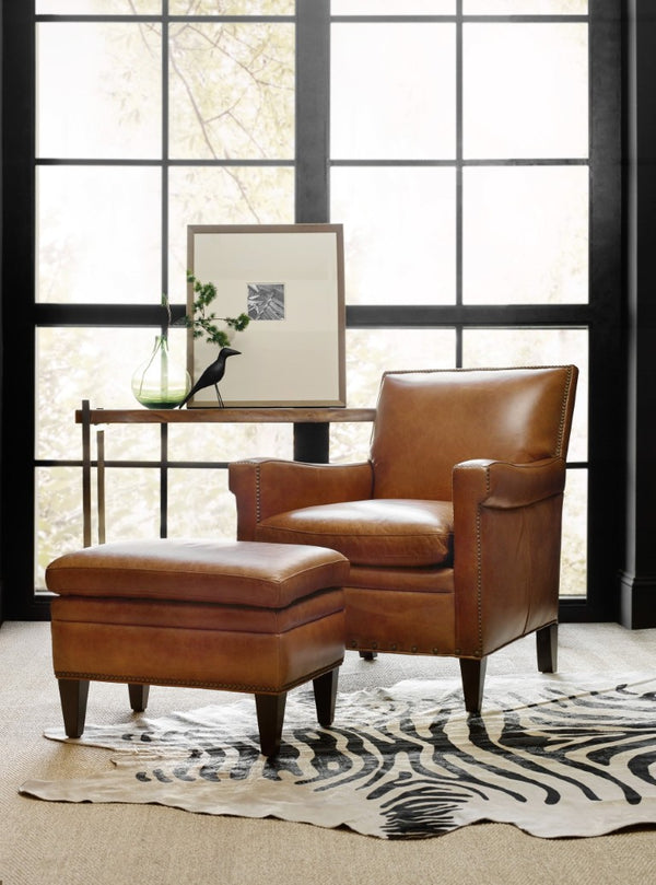 Hooker Furniture Jilian Club Chair With Caramel Aniline Top-Grain Leather, Bronze Nailhead Trim & Solid Wood Legs Medium Brown CC419-085