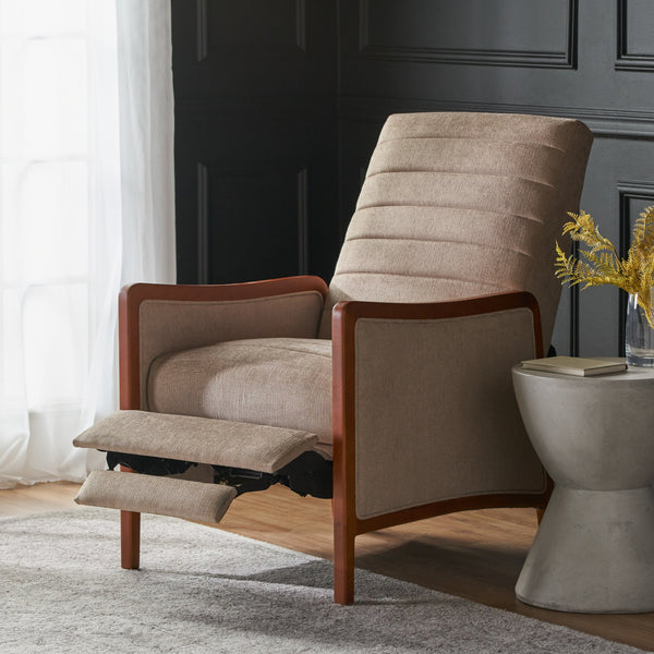 English Elm Christopher Knight Home® - Mid Century Modern Sand Fabric Recliner with Channel Stitch & Birch Wood Frame, Pushback Comfort 70451.00FSND
