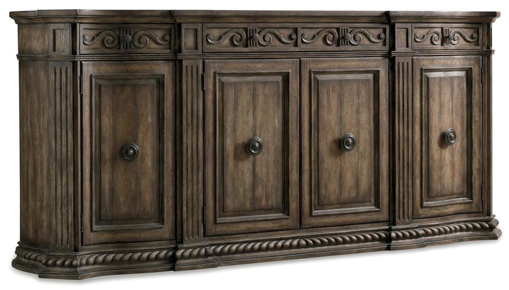 Hooker Furniture Rhapsody Grand 96" Credenza With Carved Scrolls, Rope-Twist Trim & Weathered Walnut Finish For Storage Medium Wood 5070-85002