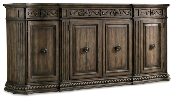 Hooker Furniture Rhapsody Grand 96" Credenza With Carved Scrolls, Rope-Twist Trim & Weathered Walnut Finish For Storage Medium Wood 5070-85002
