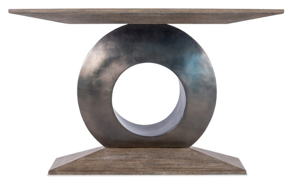 Hooker Furniture Modern Mood Accent Console With Wire-Brushed Oak Veneer And Metal-Wrapped Circular Base, Sculptural Statement Medium Brown 6850-85004-89