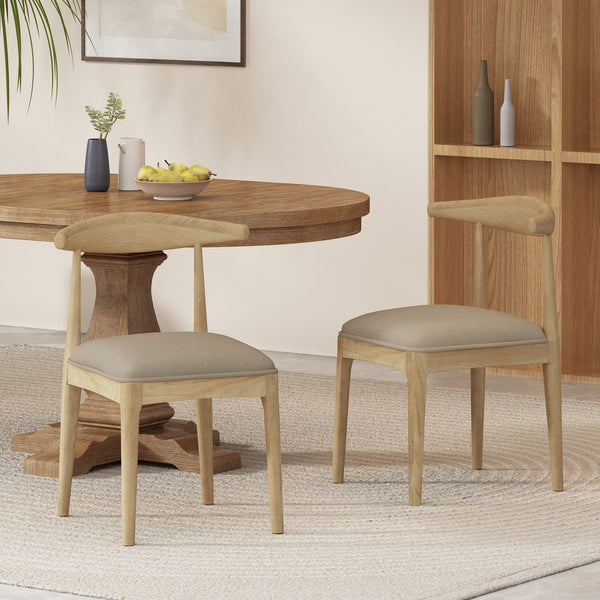 English Elm Dining Chair Set of Two Rubberwood Upholstered Seats Mid-century Modern Open Back Style Linen 74526.00PEBLN
