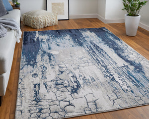 Feizy Rugs Ind39h2f Indio Modern Abstract Rug – Durable, Low Pile Design In Earthy Tones For Stylish Home Décor Ivory,Blue,Black Polyester,Polypropylene Ind39h2fblubgef00