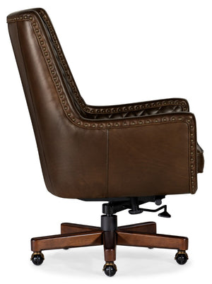 Hooker Furniture Kent Executive Swivel Tilt Chair In Aniline Top-Grain Leather With Quilted Back, Gold Nailhead Trim, Wood Base Medium Brown EC206-088