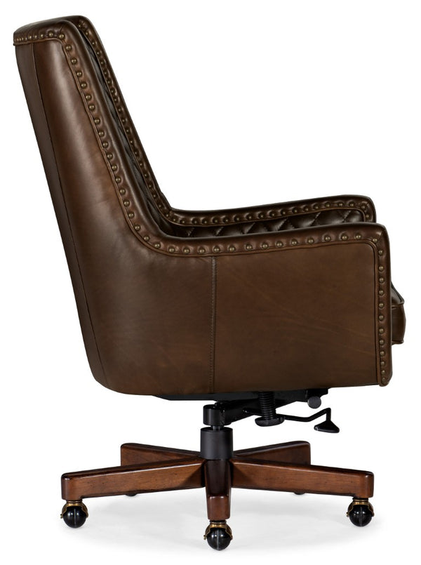 Hooker Furniture Kent Executive Swivel Tilt Chair In Aniline Top-Grain Leather With Quilted Back, Gold Nailhead Trim, Wood Base Medium Brown EC206-088