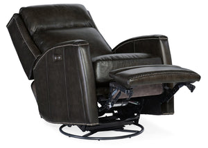 Hooker Furniture Declan Power Swivel Glider Recliner In Brindisi Trinita Leather With Usb, Nailhead Trim & Ergonomic Support Brown RC251-PSWGL-089