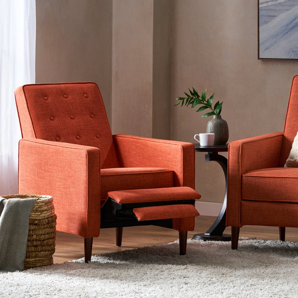 English Elm Christopher Knight Home® - Fabric Recliner Chair Mid-Century Modern Pushback Single Sofa with Tufted Cushion, Birch Legs, Cozy Comfort Orange 60741.00MORG