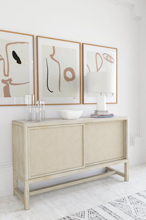 A.R.T. Furniture Cotiere Sideboard With Terrazzo Stone Top, Adjustable Shelves, And Elegant Linen-wrapped Doors Beige Parawood Solids,Mixed Split Cathedral Quarter,White Oak Veneer,Fabric,Terrazzo Stone 299251-2349