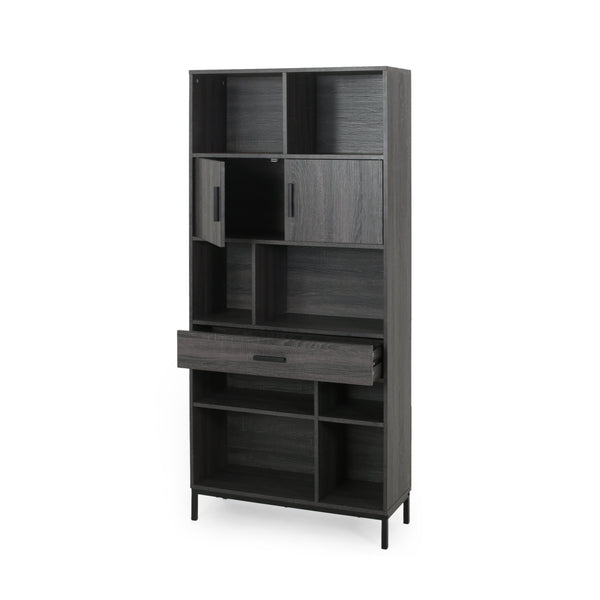 English Elm Christopher Knight Home® - CUBE Contemporary Cube Unit Bookcase in Grey Oak with Faux Wood, Iron Legs, Shelves, Drawer & Cabinets 66446.00