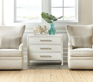 Hooker Furniture Serenity Raffia Accent Chest With Soft-Close Drawers, Champagne Pulls & Sand Dollar Grasscloth Texture White 6350-85001-03