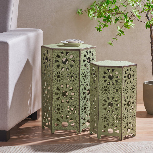 English Elm Eliana Outdoor Iron Nesting Side Tables with Sunburst Cutout and Crackle Finish Patio Accent Set Green 69740.00CGRN