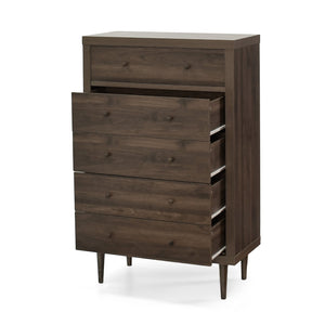 English Elm Christopher Knight Home® - Nordic 5-Drawer Chest – Mid-Century Modern Storage Solution With Warm Walnut Finish & Tapered Legs 71146.00WALN