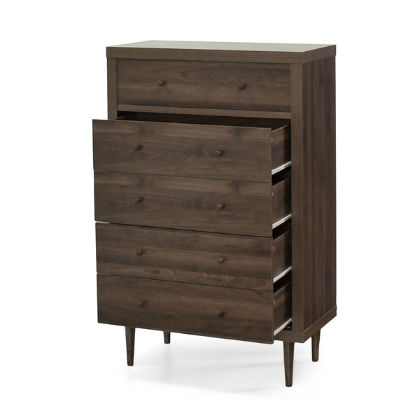 English Elm Christopher Knight Home® - Nordic 5-Drawer Chest – Mid-Century Modern Storage Solution With Warm Walnut Finish & Tapered Legs 71146.00WALN