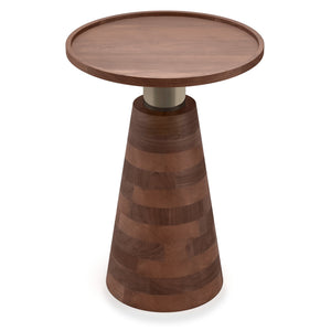 English Elm Kramer Handcrafted Acacia Side Table in Cognac Brown with Antique Brass Stem and Cone Pedestal Base B136P158772