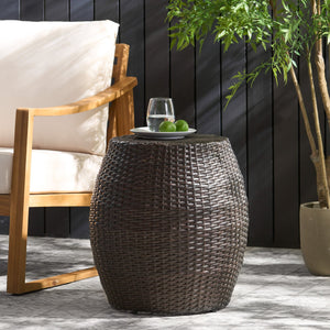 English Elm Outdoor Wicker Bombe Side Table Sculptural Iron Frame Weather Resistant Patio Accent Brown Multi 60746.00MBN