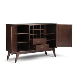English Elm Draper Mid Century Sideboard Buffet with 12-Bottle Wine Rack, Solid Rubberwood, Medium Auburn Brown Finish, Tapered Legs and Brass Pulls B136P158156