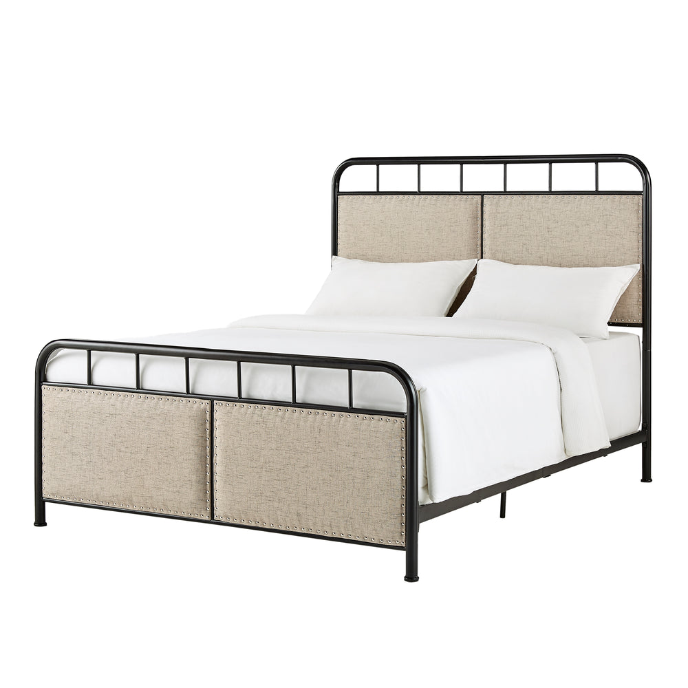 Homelegance By Top-Line Luiza Beige Upholstered Black Metal Queen Bed Brown Metal